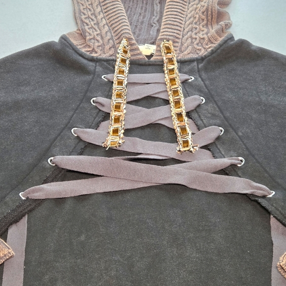 POL Rebel Lace Up Knit Hoodie Mineral Wash Brown Black Small NWOT - Picture 7 of 16